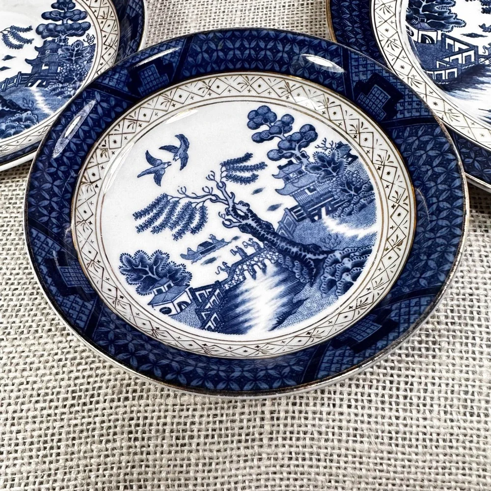 Vintage Occupied Japan Ironstone Blue Willow China Lot 5 Mixed Pieces Gold Trim